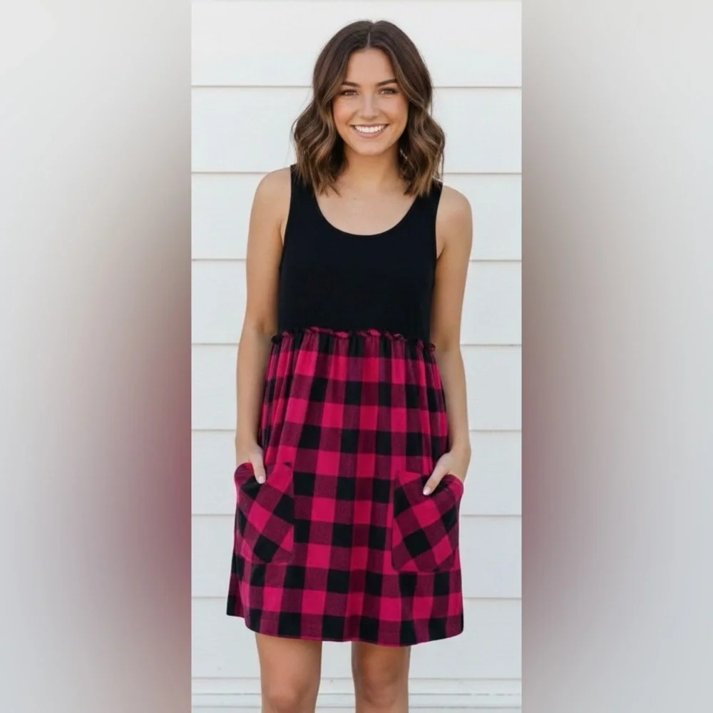 Pink Rose red/pink/black square sleeveless, pockets on the bottom, S girls)